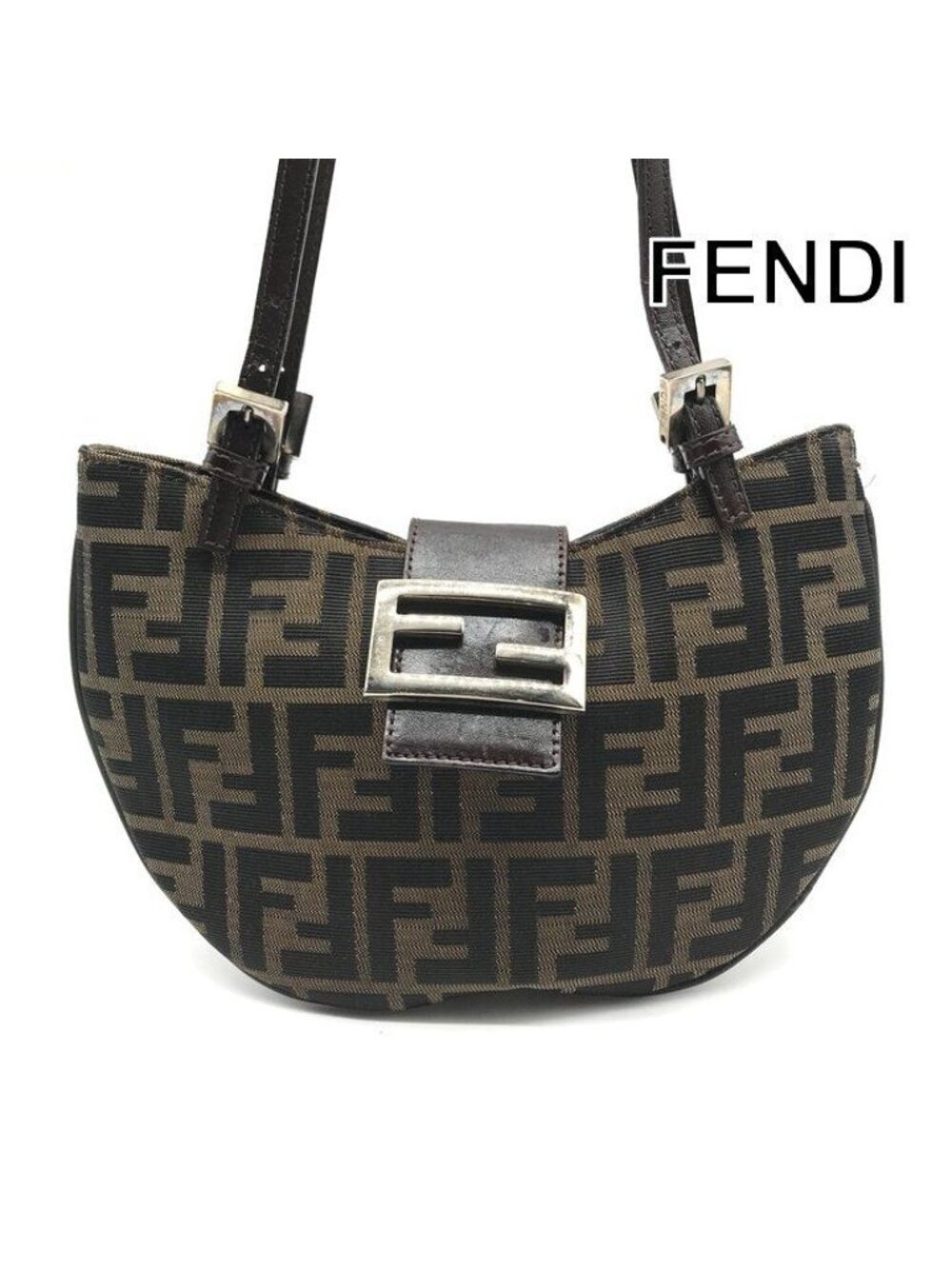 Fendi Zucca Shoulder Bag Half Moon Canvas Leather Brown